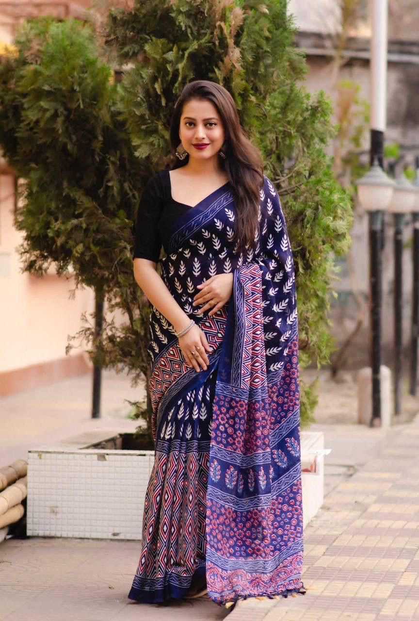Soft Jute Silk Printed Saree with Matching Blouse Piece