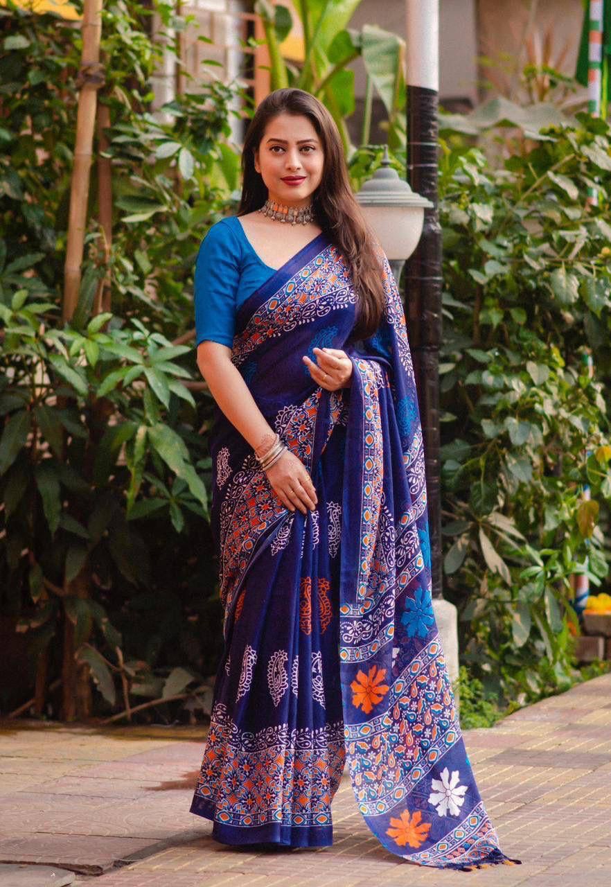 Soft Jute Silk Printed Saree with Matching Blouse Piece