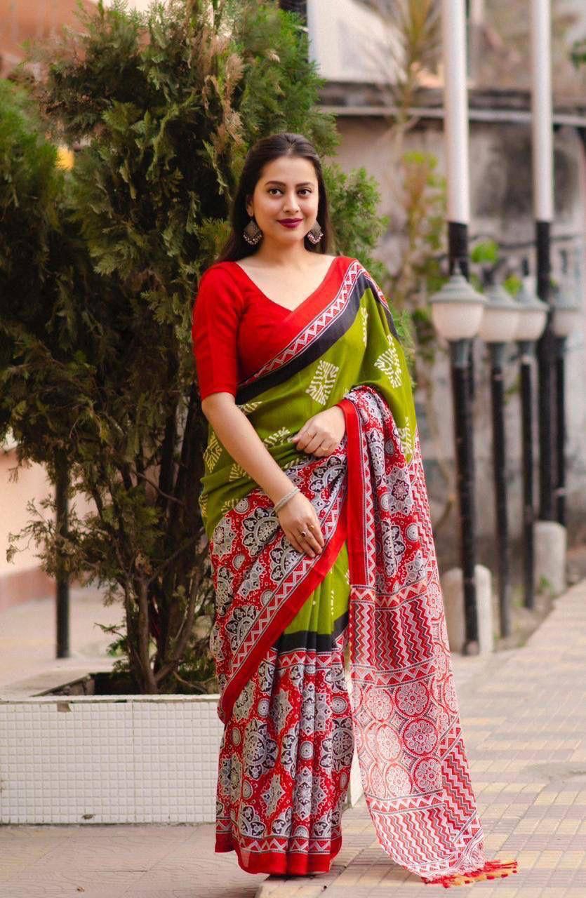 Soft Jute Silk Printed Saree with Matching Blouse Piece