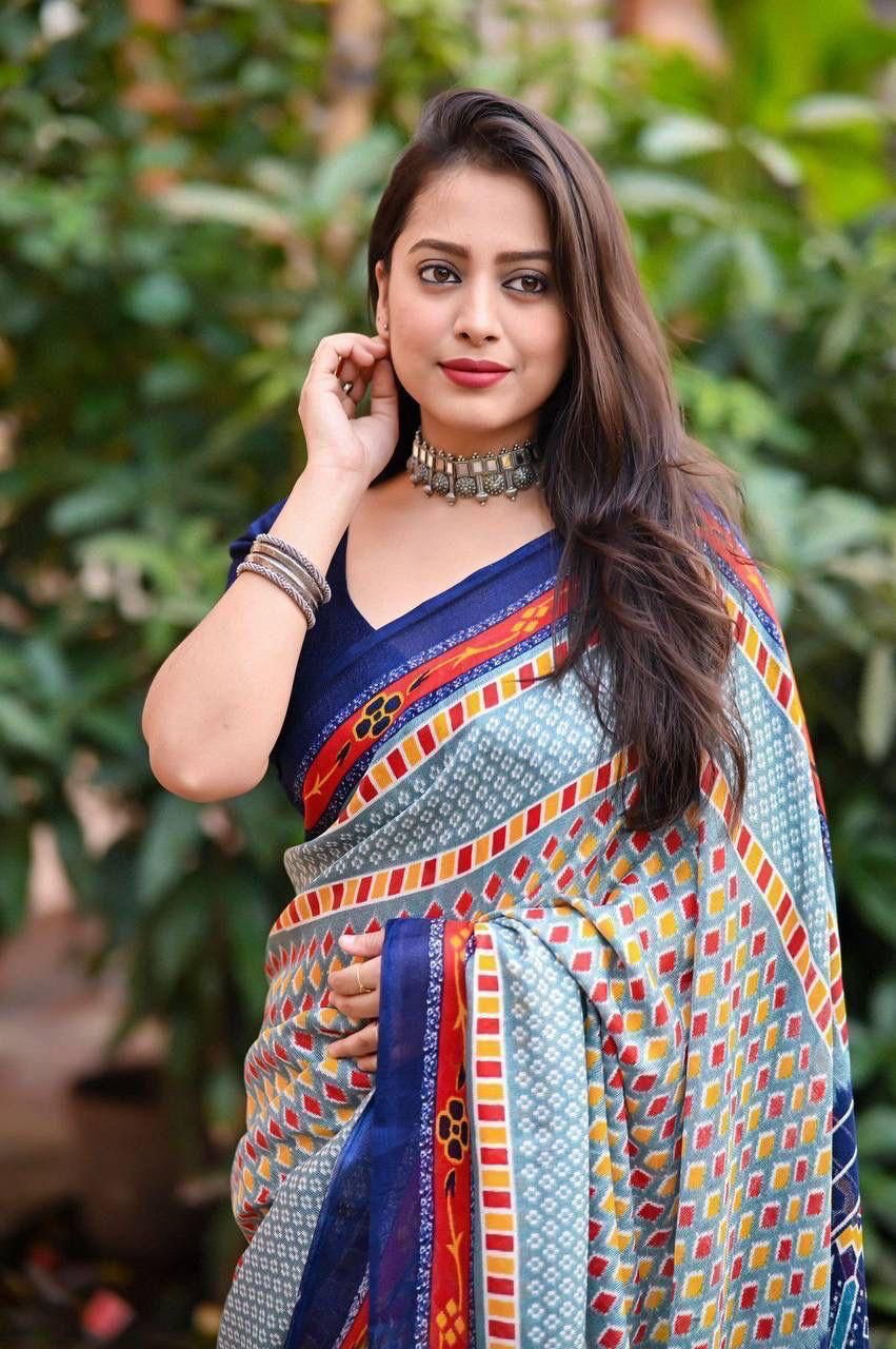 Soft Jute Silk Printed Saree with Matching Blouse Piece