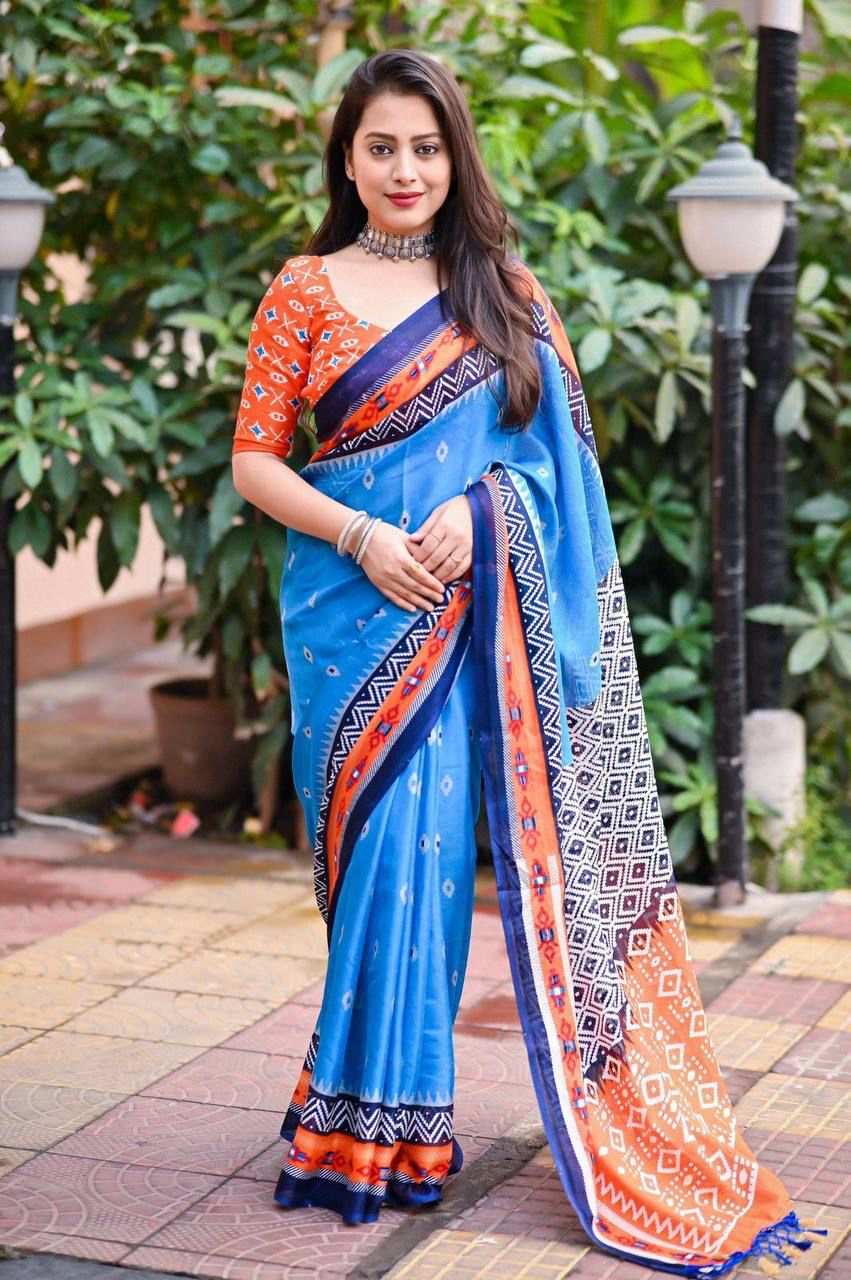 Soft Jute Silk Printed Saree with Matching Blouse Piece