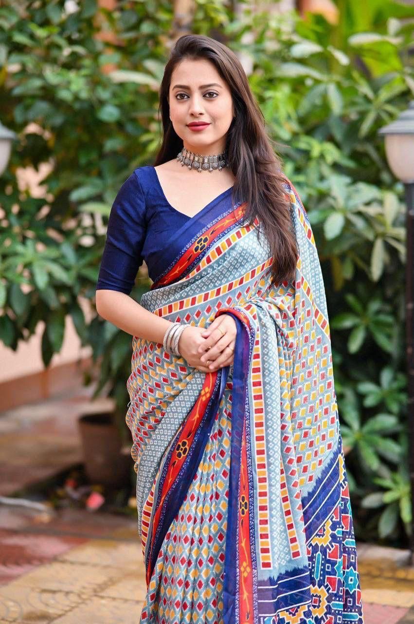 Soft Jute Silk Printed Saree with Matching Blouse Piece