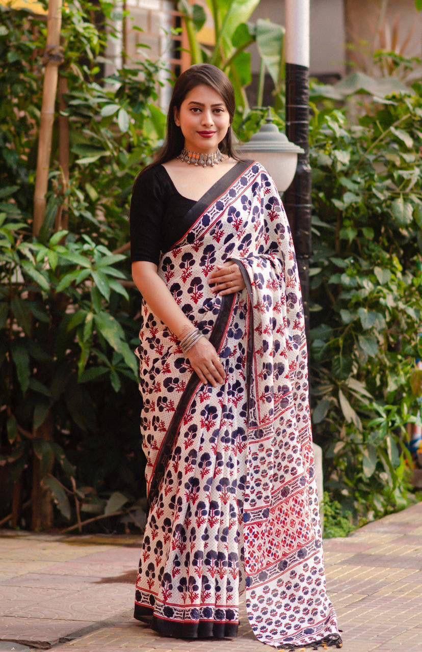 Soft Jute Silk Printed Saree with Matching Blouse Piece