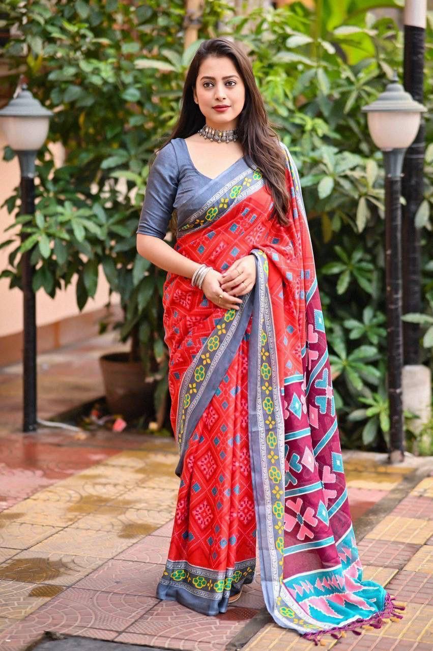 Soft Jute Silk Printed Saree with Matching Blouse Piece