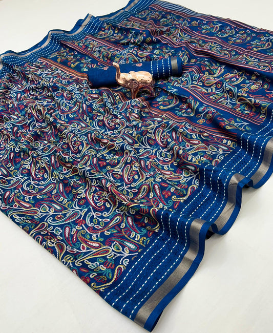 Soft Cotton Crape Printed Saree with Elegant Katha Thread Work border – 6.3 Meters