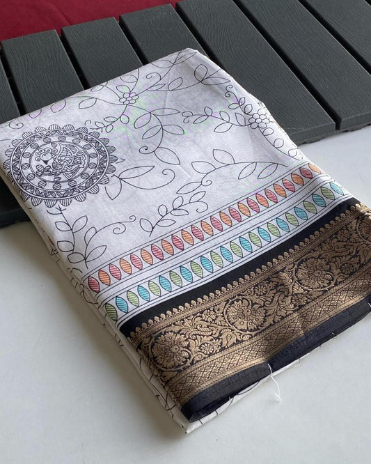 Soft Vanilla White Cotton Crepe Saree with Zari Woven Pattu Border