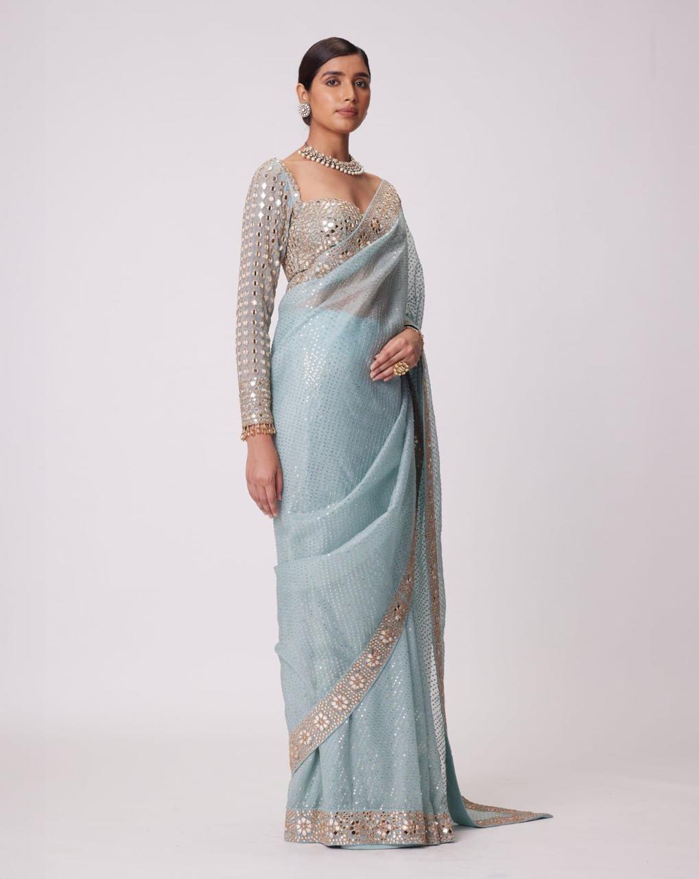 ORIGINAL MIRROR WORK DONE IN LACE BORDER,BLOUSE & SLEEVES