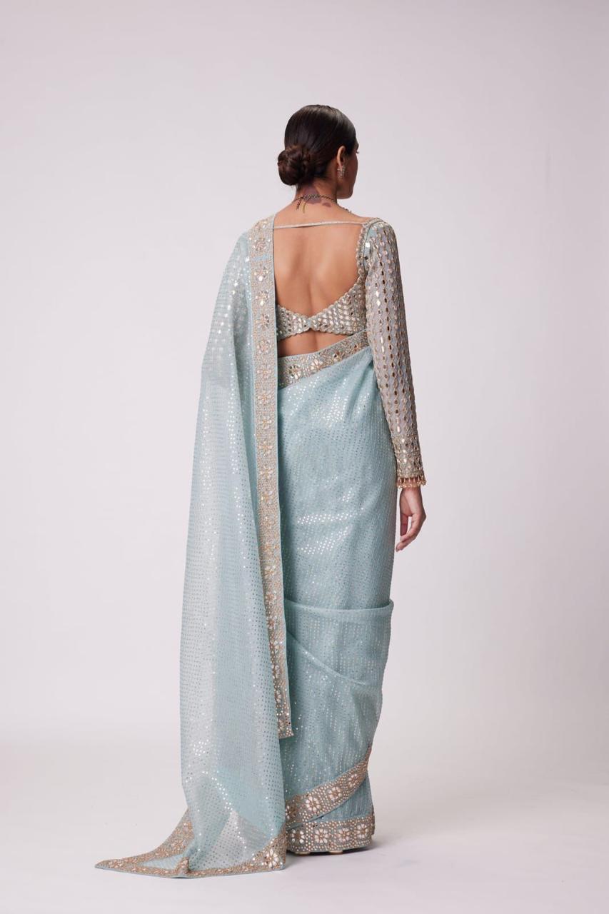 ORIGINAL MIRROR WORK DONE IN LACE BORDER,BLOUSE & SLEEVES