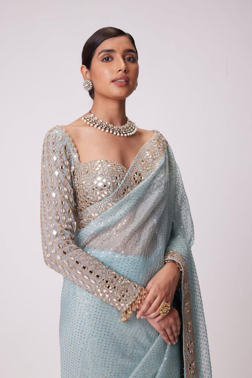 ORIGINAL MIRROR WORK DONE IN LACE BORDER,BLOUSE & SLEEVES