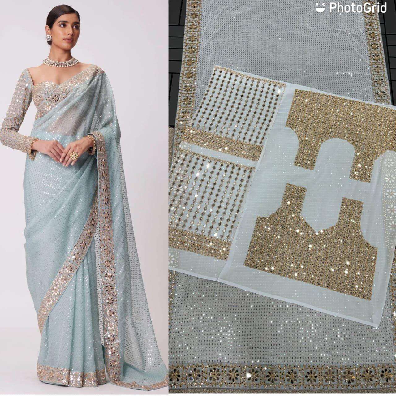 ORIGINAL MIRROR WORK DONE IN LACE BORDER,BLOUSE & SLEEVES