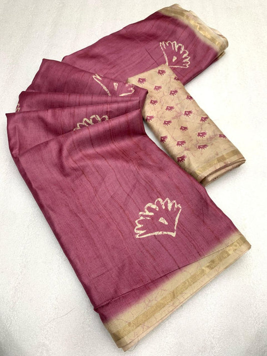 Elegant Handloom Tussar Silk Saree with Rich Pallu & Fancy Golden Zari Border β With Running Blouse