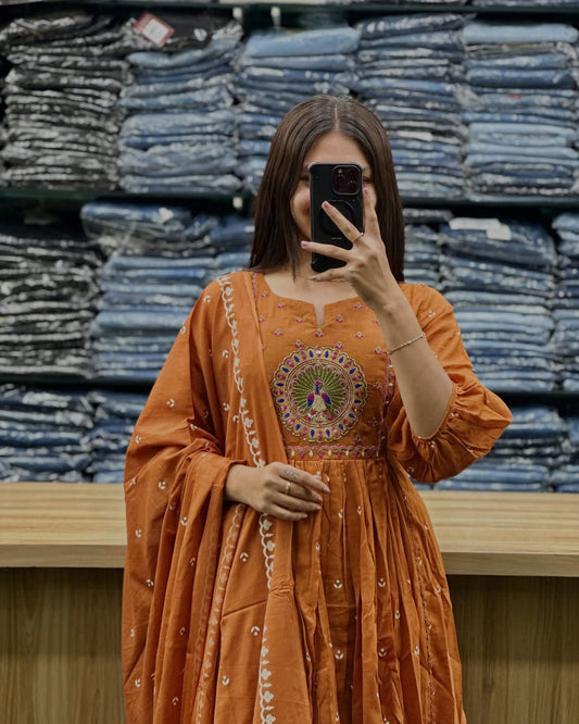 Mal Cotton Pleated Kurti Pant Dupatta Set – Elegant Orange Ethnic Wear for Festive & Casual Occasions