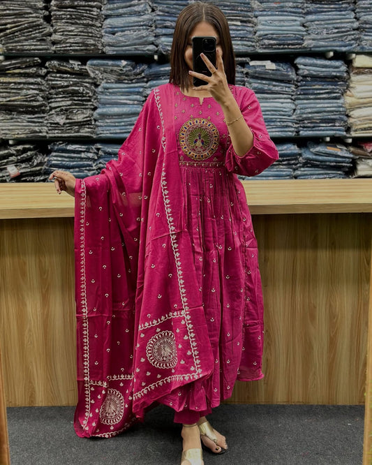 Mal Cotton Pleated Kurti Pant Dupatta Set – Elegant Orange Ethnic Wear for Festive & Casual Occasions