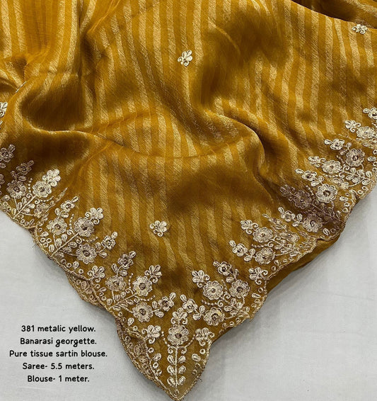 Banarasi Georgette Leheriya Saree with Zari Woven Pallu & Stone Embroidery – Soft Shine Finish