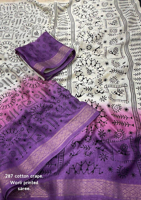 Soft Pashmina Silk Saree with Zari Pattu Border | Shaded Pink & Lavender on Off-White Base