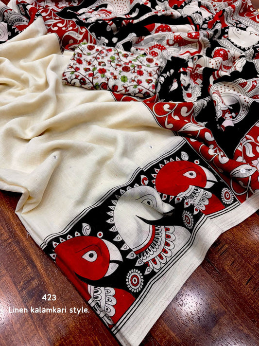 Soft Linen Kalamkari Printed Saree with Aari Mirror Work & Cotton Tassel Pallu – 6.3 Meters