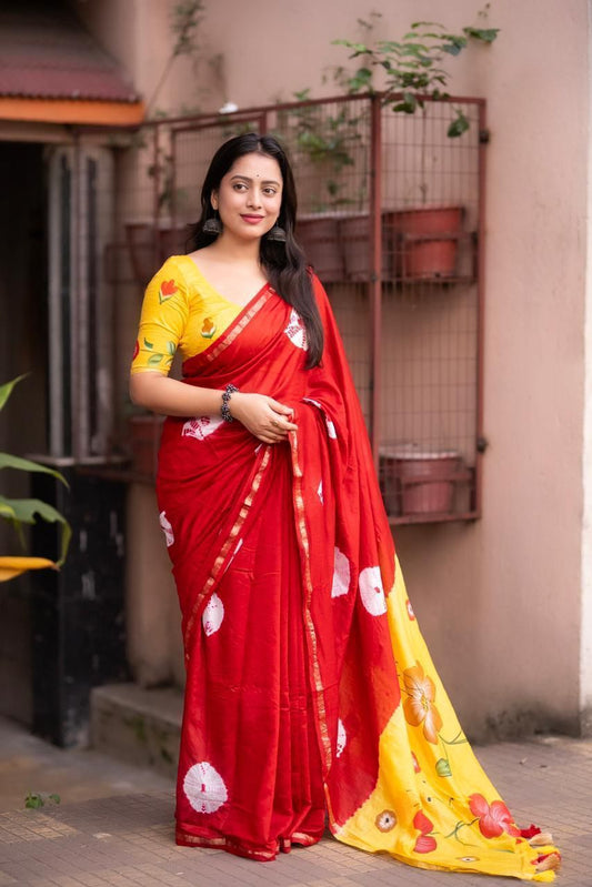 Pure Chanderi Cotton Saree with Batik Butta, Hand-Painted Pallu & Zari Woven Border