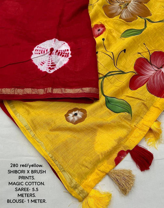 Pure Chanderi Cotton Saree with Batik Butta, Hand-Painted Pallu & Zari Woven Border