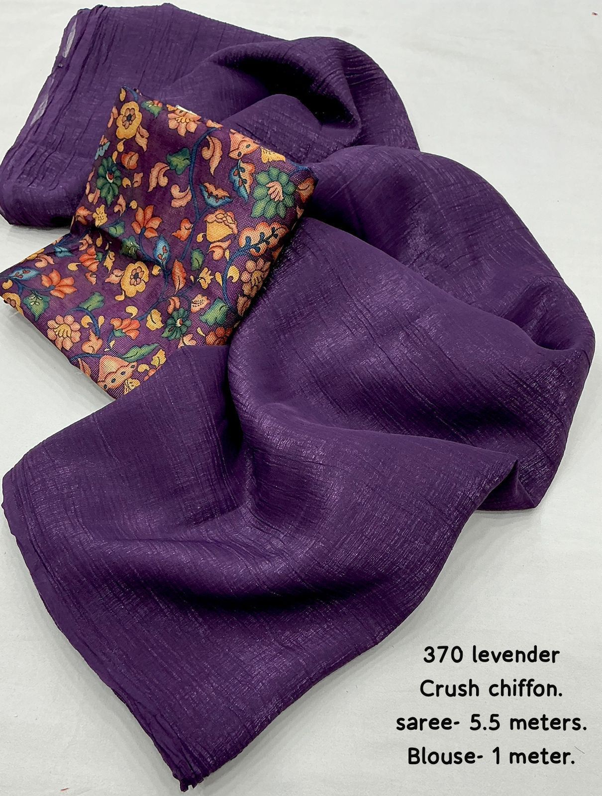 Solid Crush Chiffon Saree with Printed Crepe Silk Blouse – Elegant & Lightweight Drape