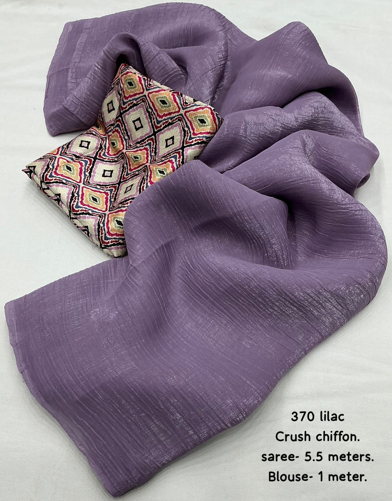 Solid Crush Chiffon Saree with Printed Crepe Silk Blouse – Elegant & Lightweight Drape