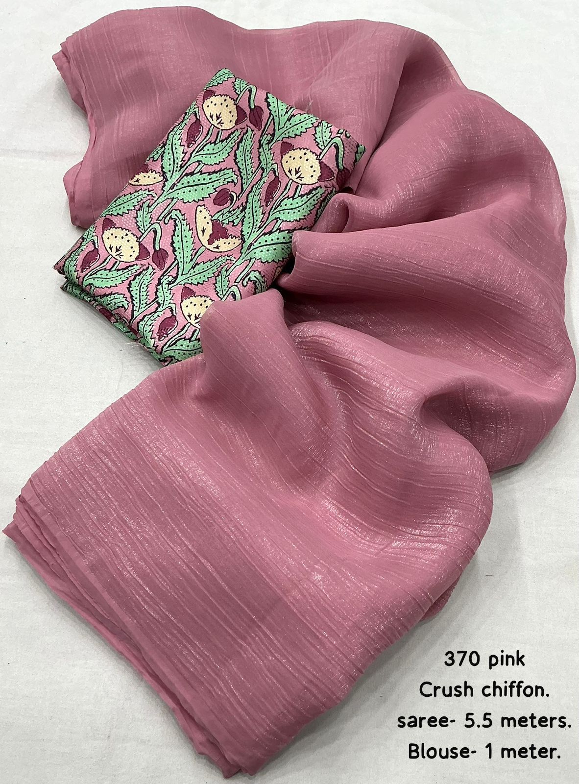 Solid Crush Chiffon Saree with Printed Crepe Silk Blouse – Elegant & Lightweight Drape