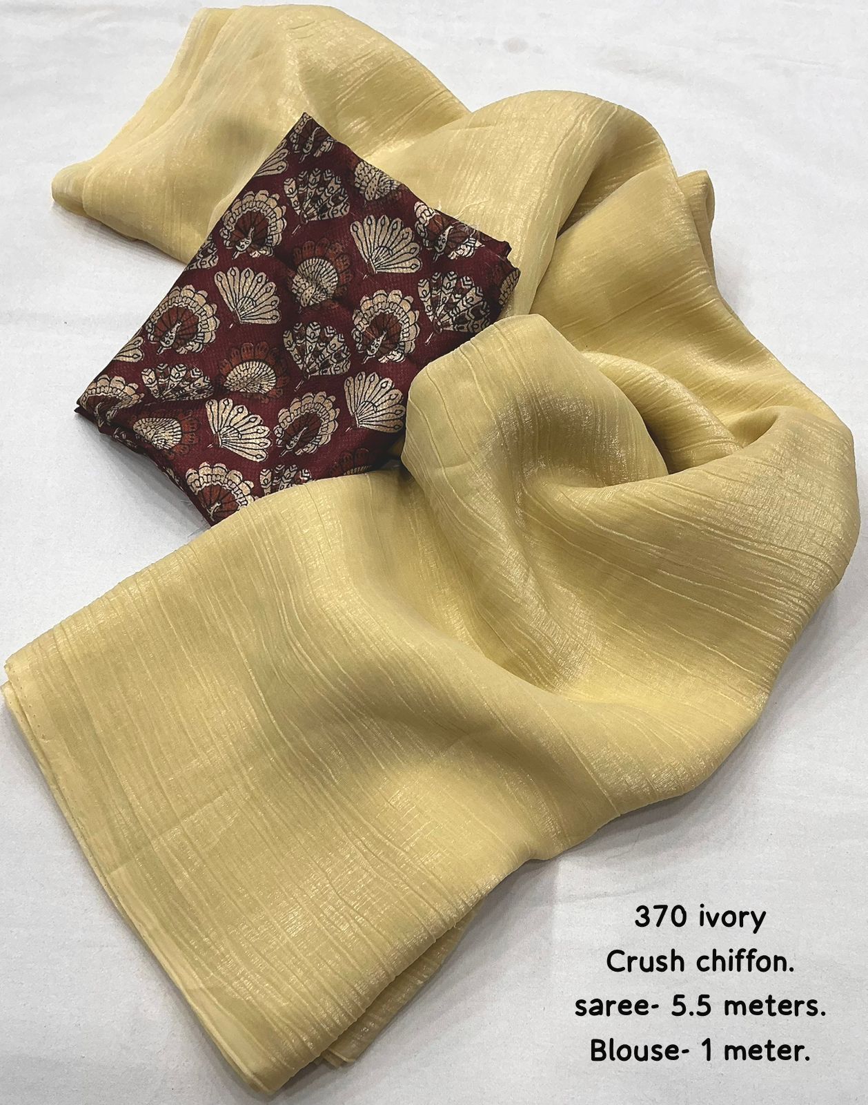 Solid Crush Chiffon Saree with Printed Crepe Silk Blouse – Elegant & Lightweight Drape