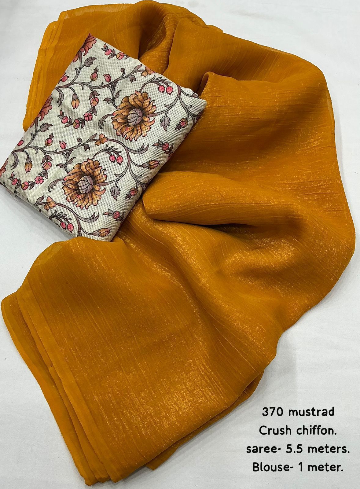 Solid Crush Chiffon Saree with Printed Crepe Silk Blouse – Elegant & Lightweight Drape