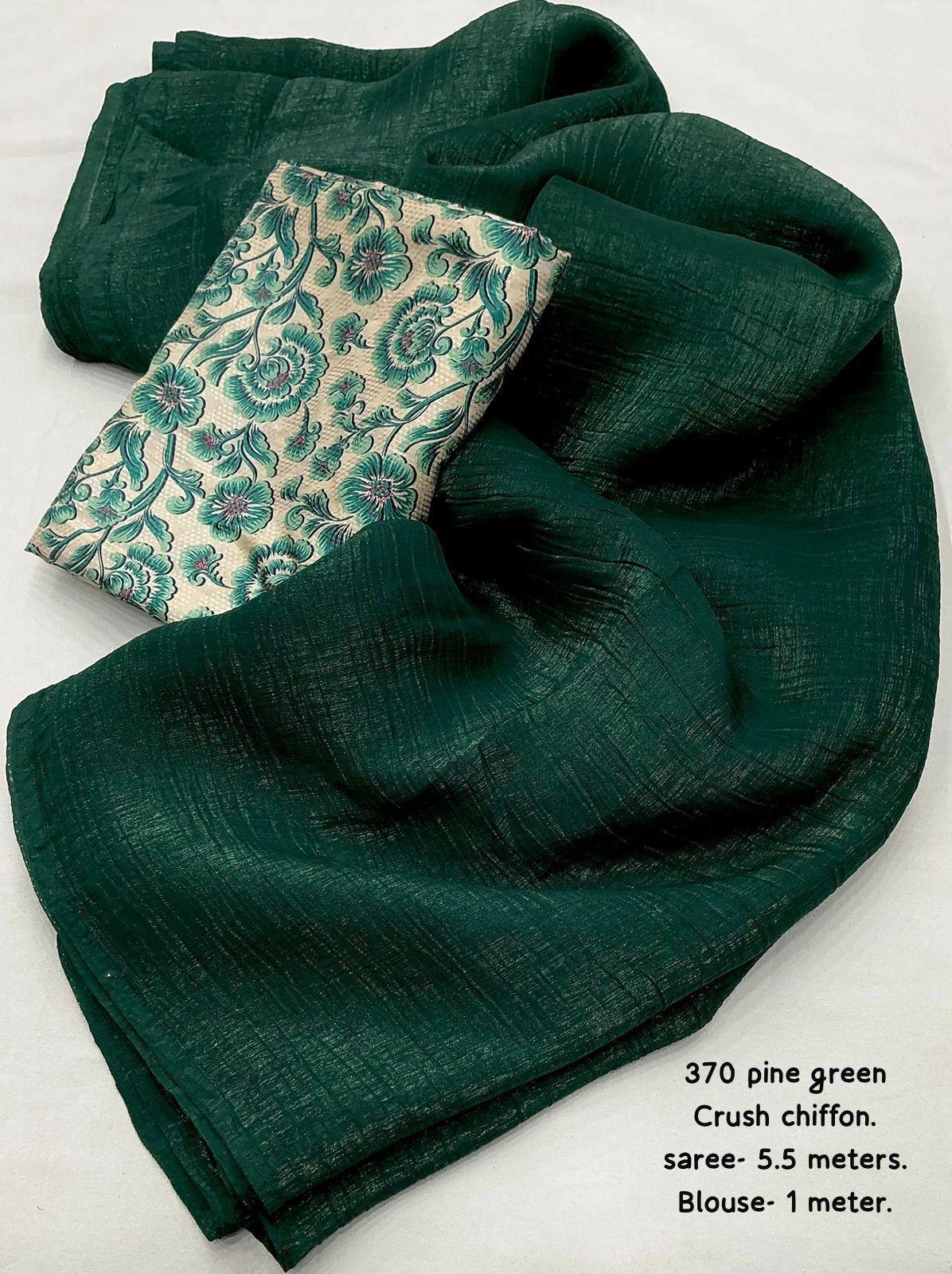 Solid Crush Chiffon Saree with Printed Crepe Silk Blouse – Elegant & Lightweight Drape
