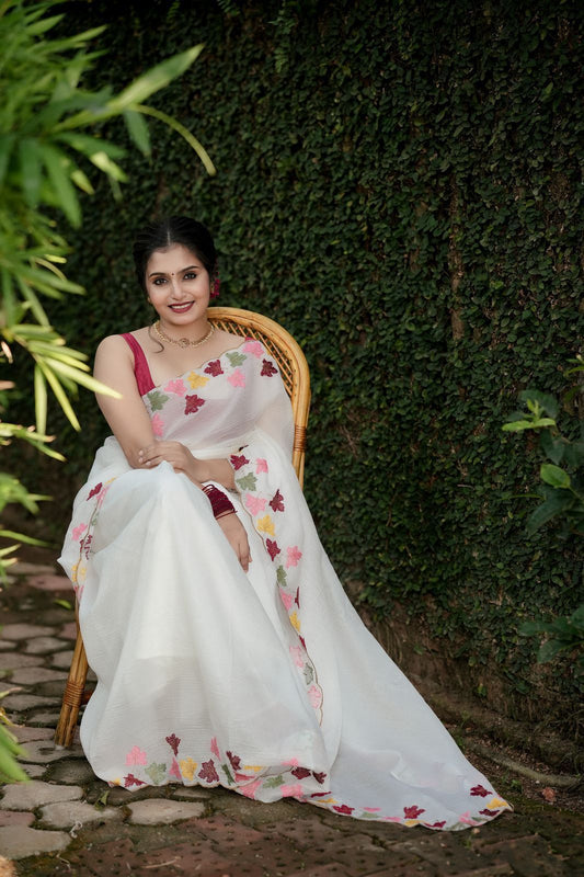 Vanilla White Bubble Crush Saree with Maple Leaf Embroidery & Banarasi Tissue Silk Zari Blouse