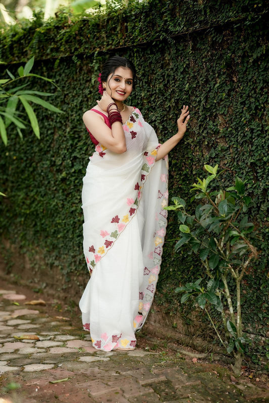 Vanilla White Bubble Crush Saree with Maple Leaf Embroidery & Banarasi Tissue Silk Zari Blouse
