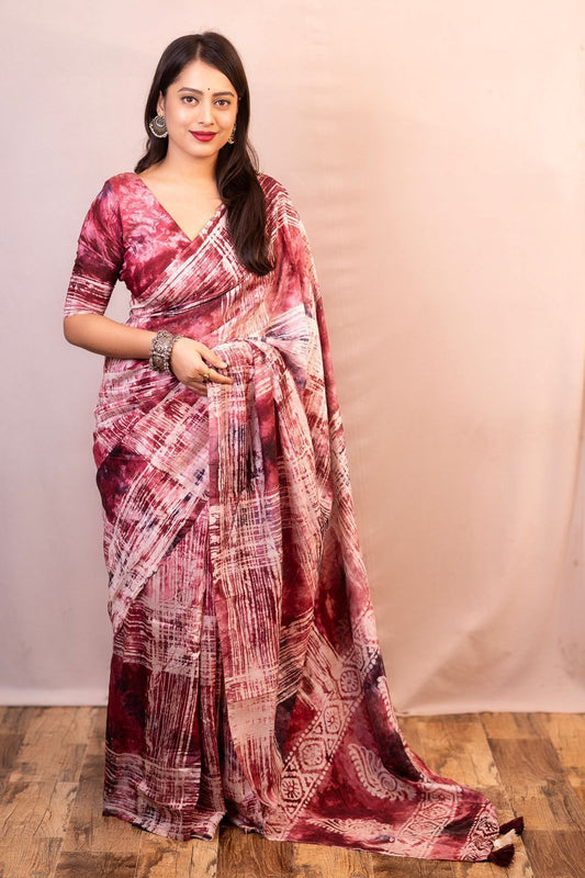 Pure Soft Chanderi Cotton Saree with Spray Dye & Hand Block Print | Cotton Tassels Pallu