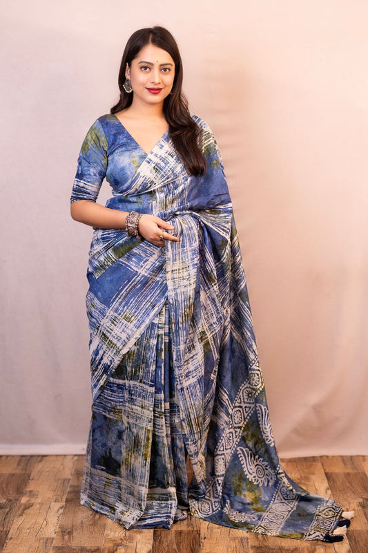 Pure Soft Chanderi Cotton Saree with Spray Dye & Hand Block Print | Cotton Tassels Pallu