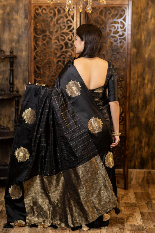 Soft Silk Saree with Satin Pattu Zari Woven Border, Chex & Butta Design