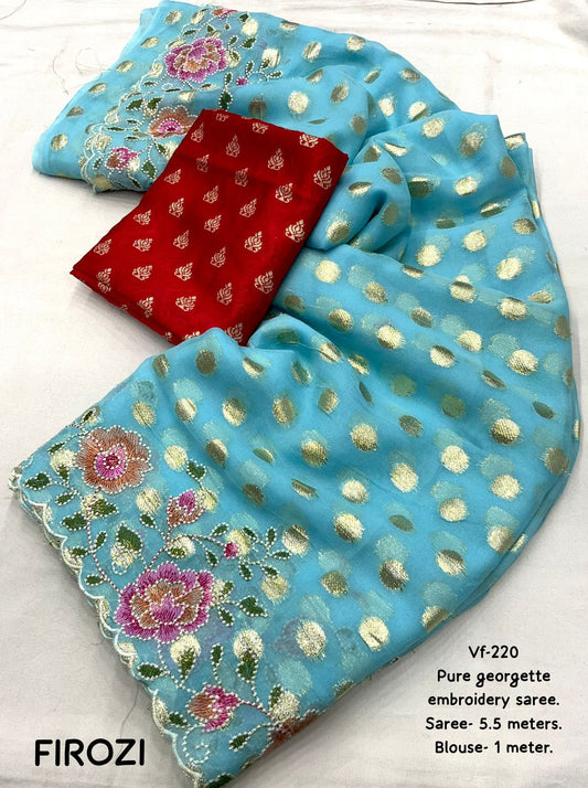 Pure Soft Georgette Saree with All-Over Zari Butta & Cutwork Embroidered C-Pallu