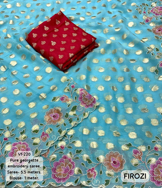 Pure Soft Georgette Saree with All-Over Zari Butta & Cutwork Embroidered C-Pallu