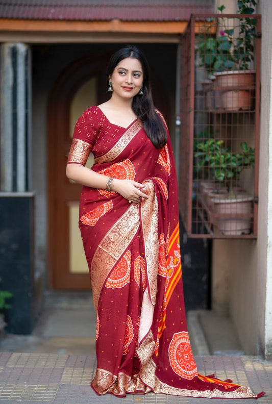 Soft Cotton Crepe Bandhani Print Saree with Zari Border, Aari Mirror Work & Tassel Pallu
