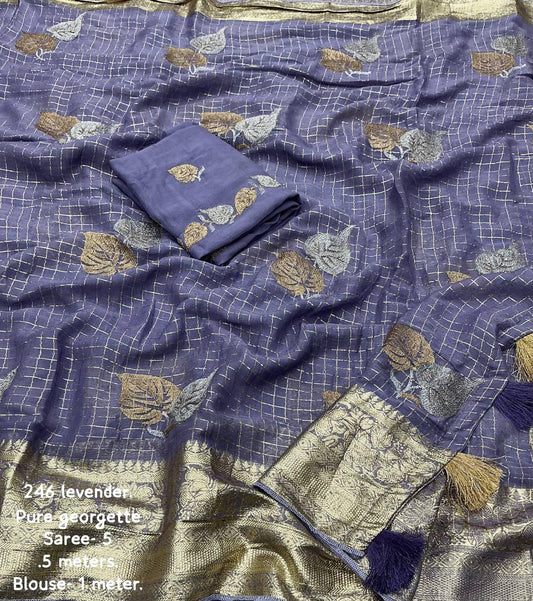 Pure Georgette Saree with Zari Woven Chex, Dual-Tone Zari Border & Elegant Tassels