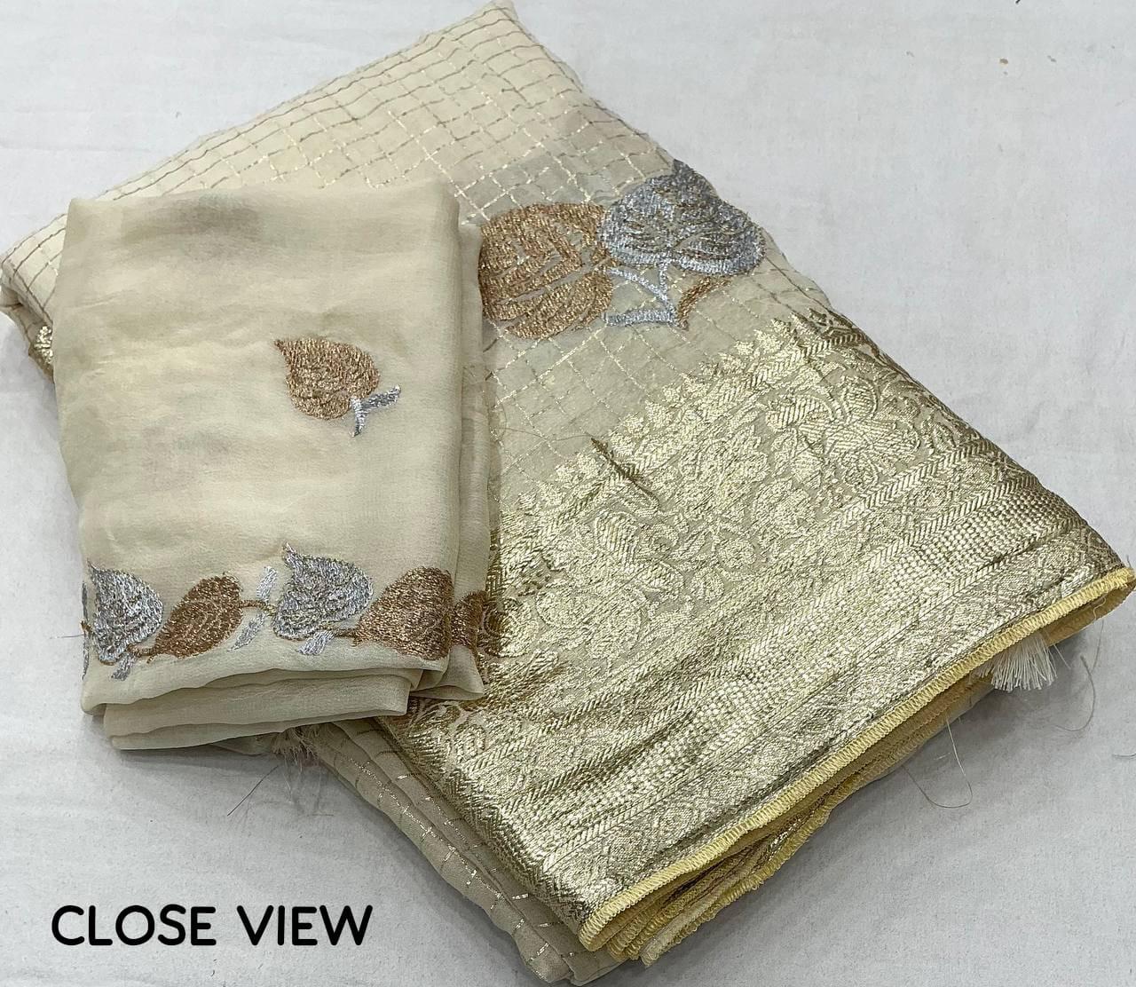 Pure Georgette Saree with Zari Woven Chex, Dual-Tone Zari Border & Elegant Tassels