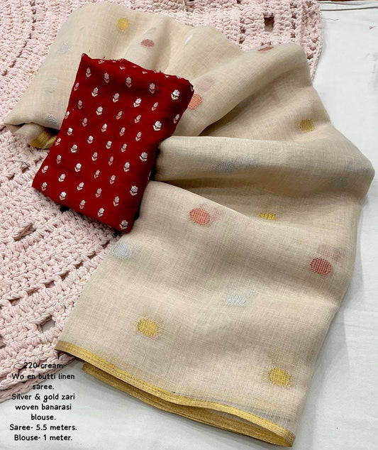 Soft Linen Multicolor Woven Butti Saree with Zari Pattu Border & Moti Jhumka Tassels