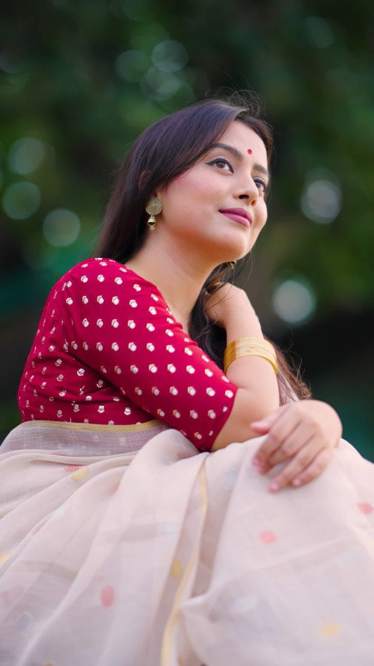 Soft Linen Multicolor Woven Butti Saree with Zari Pattu Border & Moti Jhumka Tassels