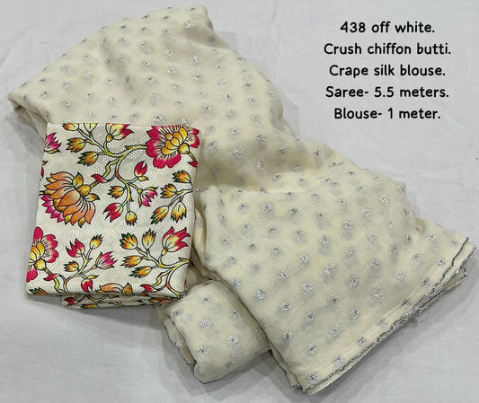 Soft Crush Chiffon Saree with Silver Woven Butti & Kalamkari Print Blouse