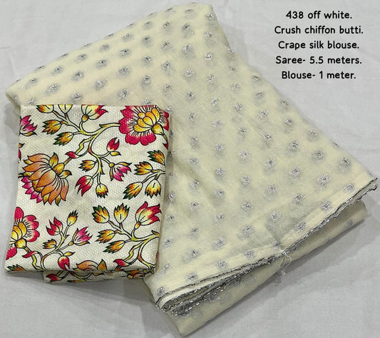 Soft Crush Chiffon Saree with Silver Woven Butti & Kalamkari Print Blouse