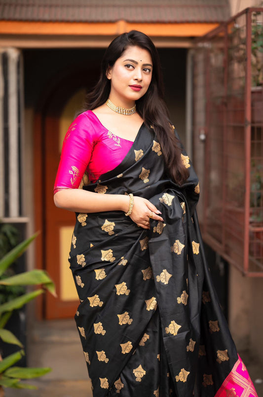 Black Soft Silk Saree with Contrast Zari Woven Pallu & Blouse | Cotton Tassels on Pallu