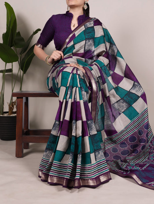 Temple Border Printed Chanderi Saree with Unstitched Blouse – Polyester Viscose, 5.5 Meters