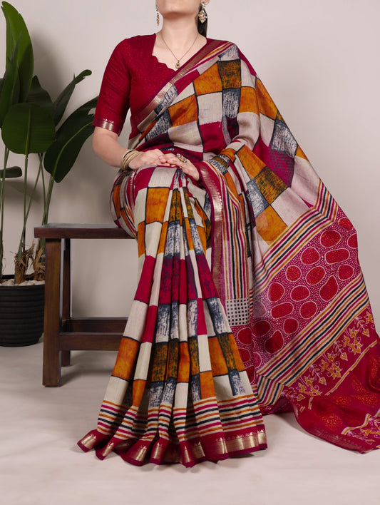 Temple Border Printed Chanderi Saree with Unstitched Blouse – Polyester Viscose, 5.5 Meters