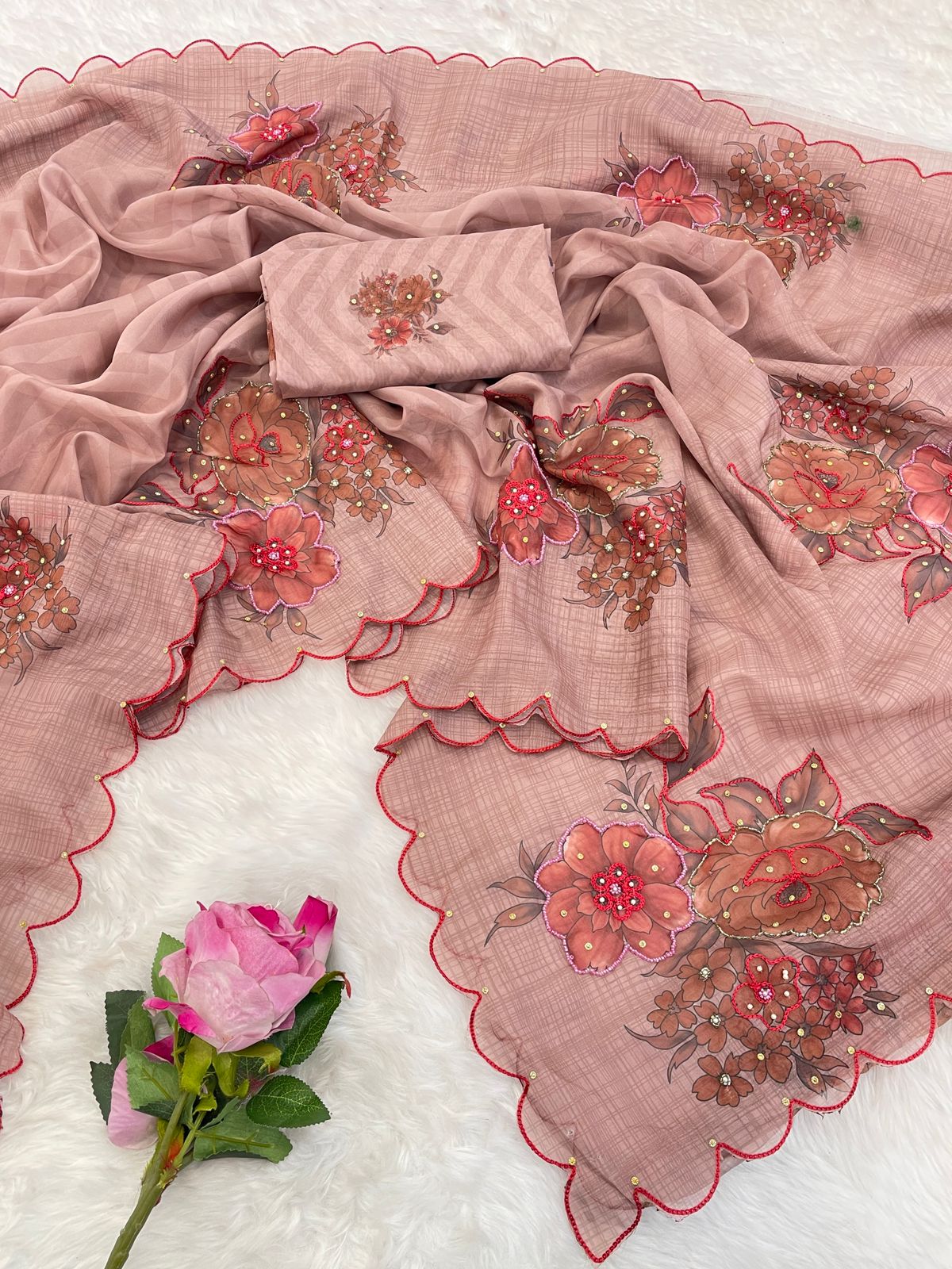Rukshana Sarees – Pure Soft Tabby Organza Saree with Digital Print & Khatli Embroidery | Designer Blouse Included