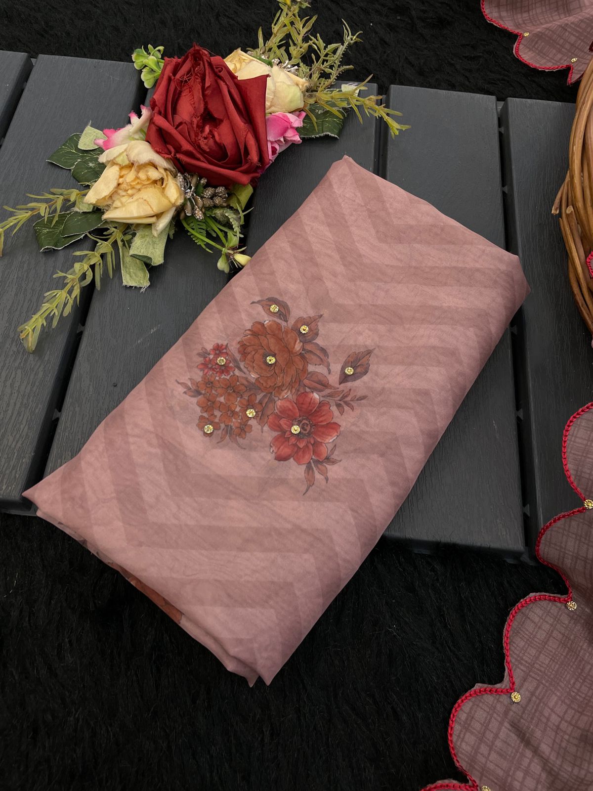 Rukshana Sarees – Pure Soft Tabby Organza Saree with Digital Print & Khatli Embroidery | Designer Blouse Included