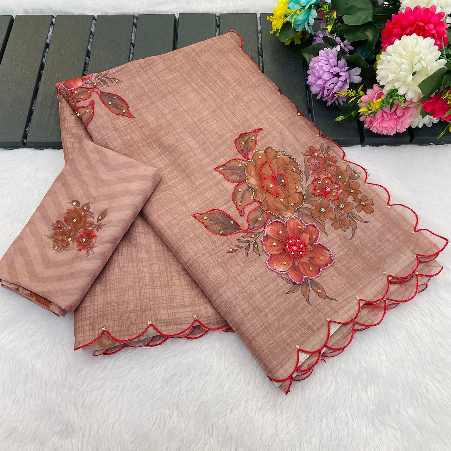 Rukshana Sarees – Pure Soft Tabby Organza Saree with Digital Print & Khatli Embroidery | Designer Blouse Included