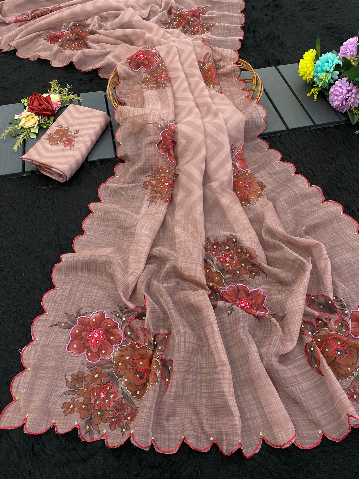 Rukshana Sarees – Pure Soft Tabby Organza Saree with Digital Print & Khatli Embroidery | Designer Blouse Included