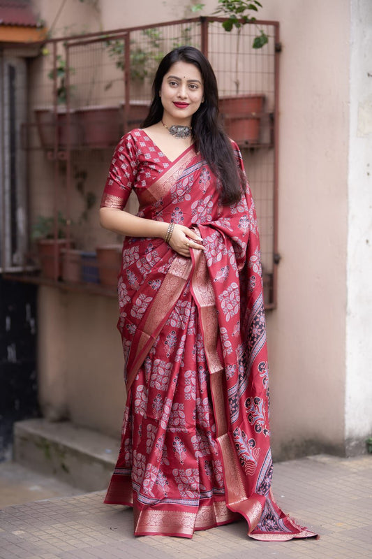 Ajrakh Printed Soft Cotton Silk Saree with Zari Pattu Border & Running Blouse | Lightweight & Washable | Swaraas.in